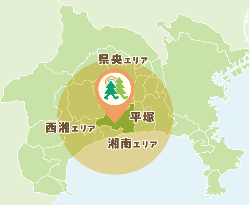 訪問可能エリアの図 平塚市を中心に半径16kmの円を描き、県央エリア・西湖エリア・湘南エリアを記載